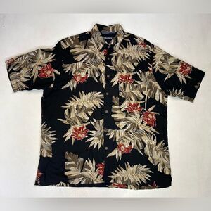 Nautica All Over Floral Button Up Shirt Men Large Black Short Sleeve Rayon 90s